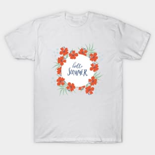 Round floral wreath with bold naive art tropical flowers T-Shirt